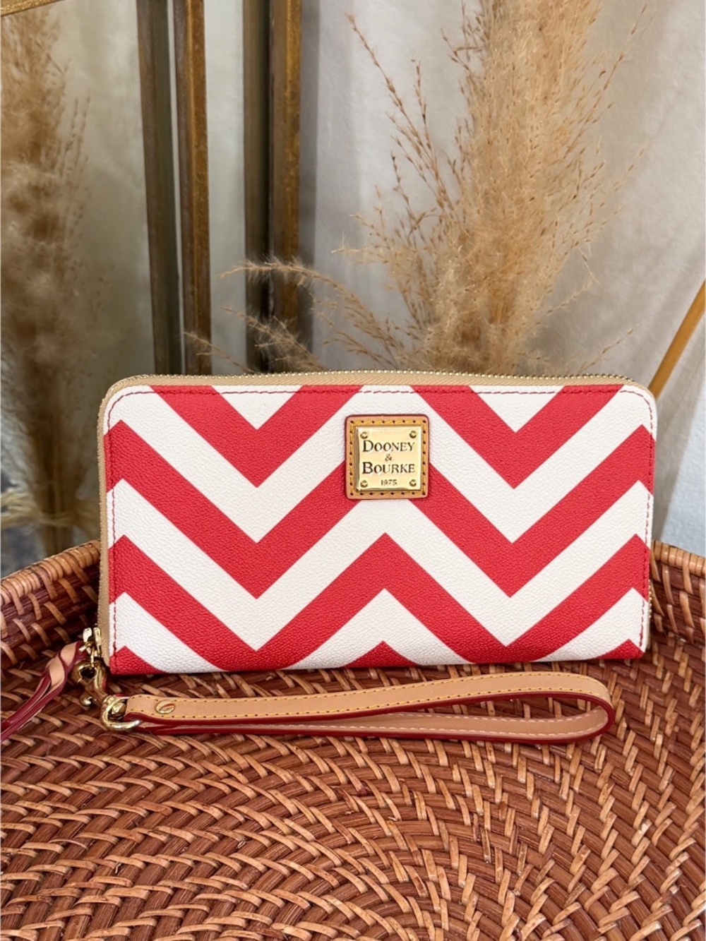 Dooney & Bourke Red White Chevron Large Zip Around Wallet Wristlet Clutch